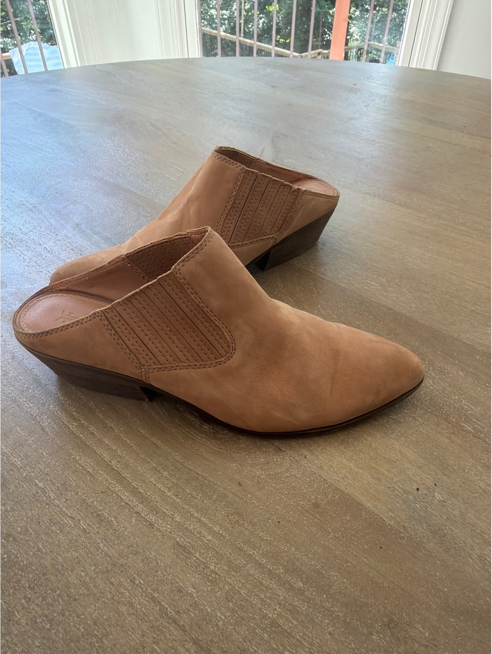 Frye Women Tan Brown Suede Mule Heels Size 10 Western Boho Slip On Ankle Boots